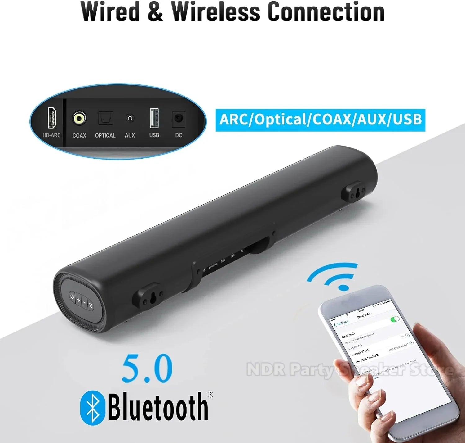 50W SoundBar for TV Deep Bass Small Soundbar TV Speaker Home Theater Surround Sound System HDMI/Bluetooth/Optical/Aux Connection