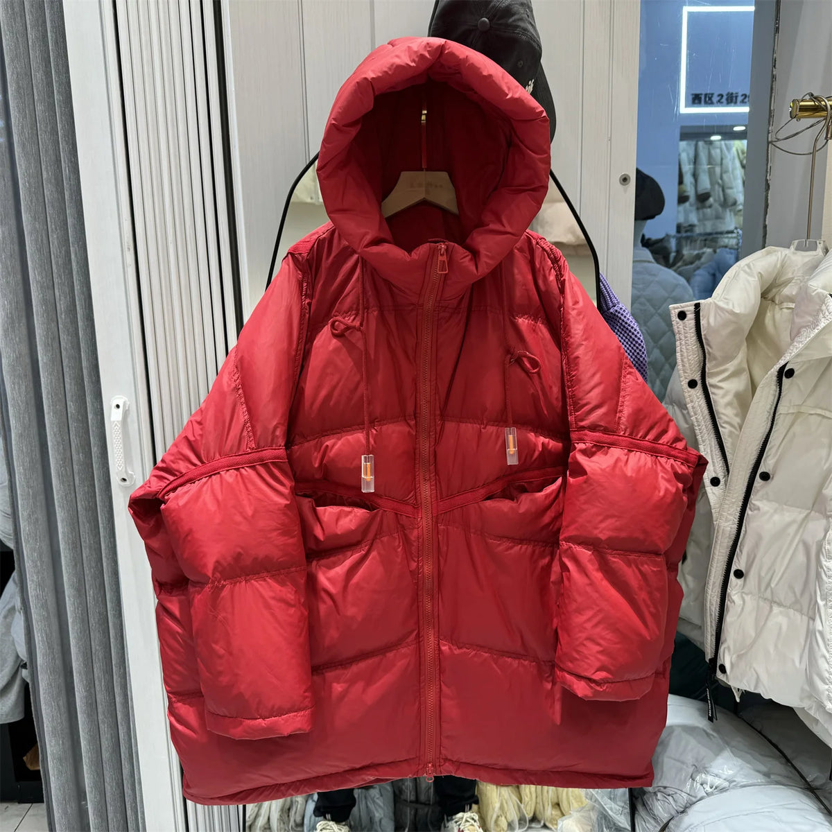 2025 New Winter Women 90% White Duck Down Jacket Casual Loose Over Size Warm Parka Female Drawstring Hooded Puffer Coat