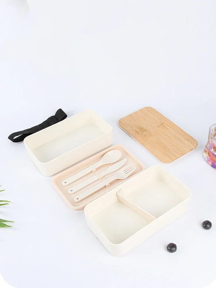 1200ML Divided Lunch Box Picnic Microwave Wooden Cover Japanese Bento Box Portable Double Layer Food Container for Kids