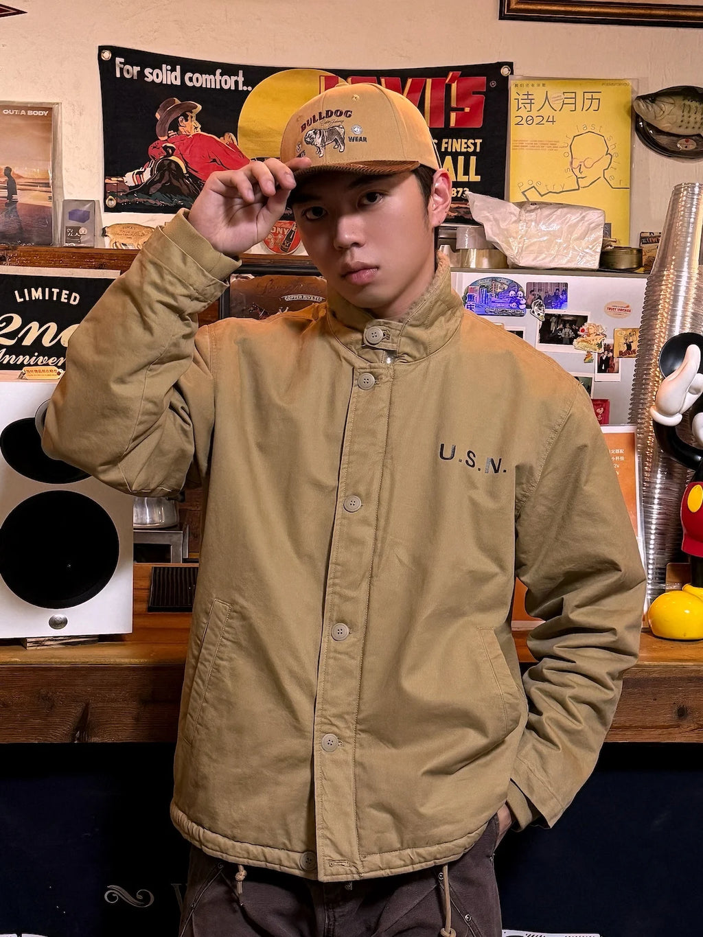 1940s N1 USN Thick Winter Mens Sherpa Fleece Deck Jacket Khaki Jungle Cloth Warm Heavyweight Vintage Parka Cotton Coat For Men
