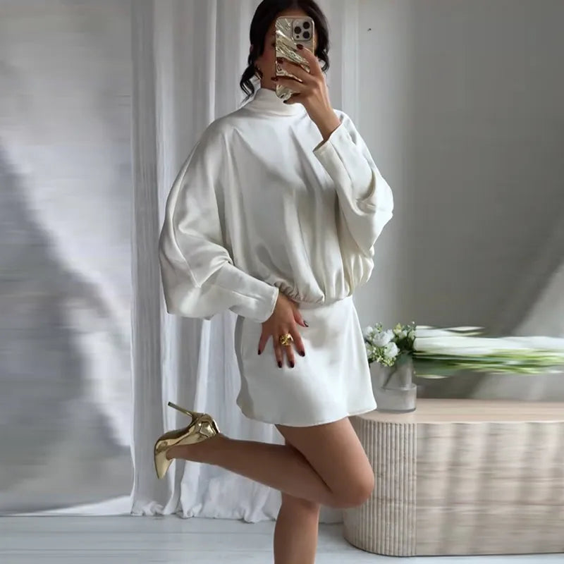Elegant Lace Up Satin Short Dress Women Pleated Half High Collar Long Sleeve Female Dresses 2025 Autumn Lady Evening Robes
