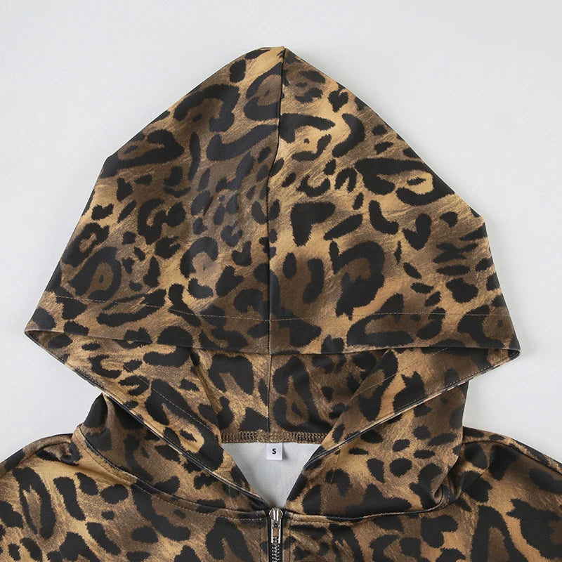 BKLD Women's Classic Hooded Long Sleeved Patchwork Irregular Sexy Zip Up Corset Short Jacket Street Style Leopard Coat Outerwear