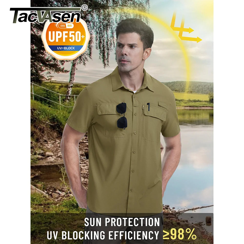 TACVASEN Quick Dry Short Sleeve Shirts Men's UPF 50+ Sun Protection Work Cargo Shirts Mesh Breathable Hiking Fishing Shirts Man