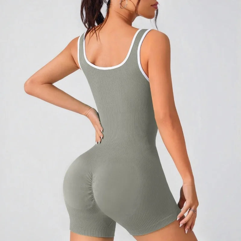 Seamless Ribbed Yoga Set for Running Dancing Fitness Color Blocked Jumpsuit