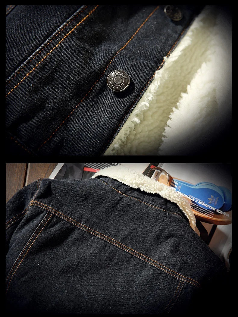 Autumn Winter Fleece Denim Jacket Men's Slim Thick Sherpa Casual Outerwear