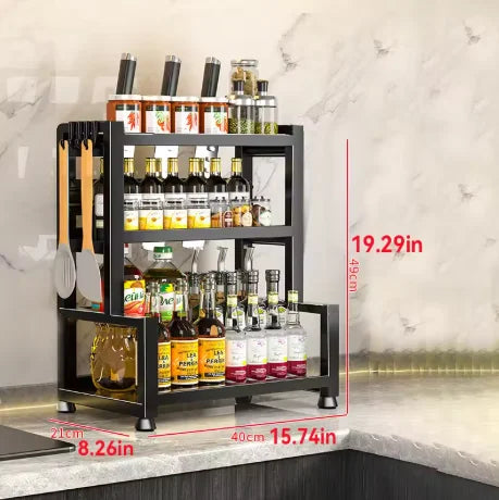 Kitchen Spice Rack Organizer, 3 Tier Adjustable Metal Storage with Knife Holder Hooks Black