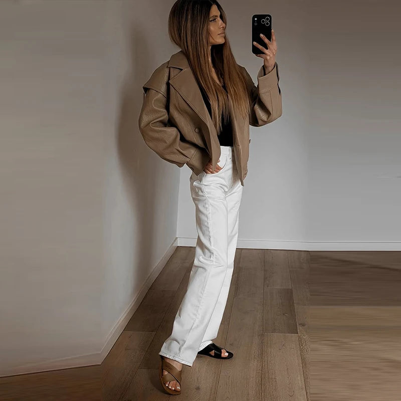 High Street Leather Jackets Women's Casual Double-breasted Turn Down Collar Loose Coats Elastic Waist 2026 Autumn New Outwear