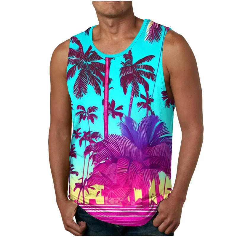vintage Summer 3D New Coconut Trees Printed Tank Top Tropical Leaves Graphic Tank Tops Men Fashion Cool Streetwear Clothing Vest
