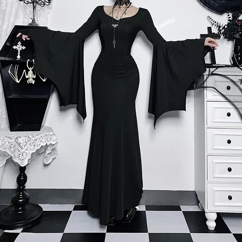 Halloween Costume Women Batwing Sleeve Floor Dress Black Gothic Evil Terror Maxi Mistress Morticia Addam Family Outfit For Adult