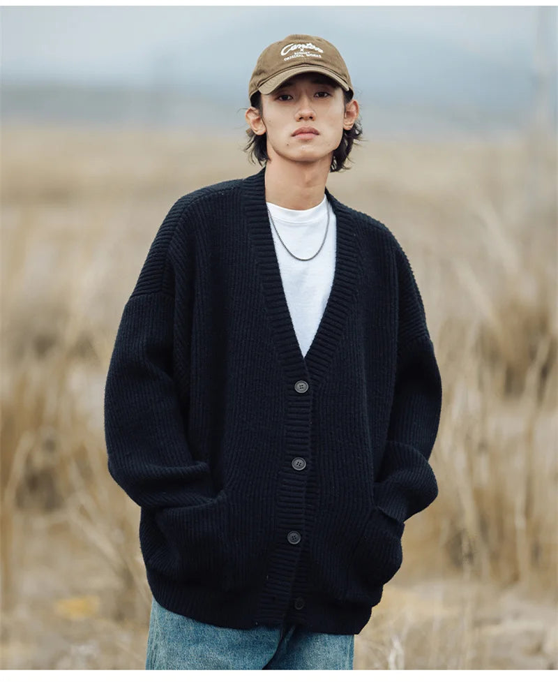 Autumn Men's Casual Textured Pockets Cardigan Y2K Vintage Streetwear V-neck Knitted Sweaters Korean Fashion Cardigans Hombre