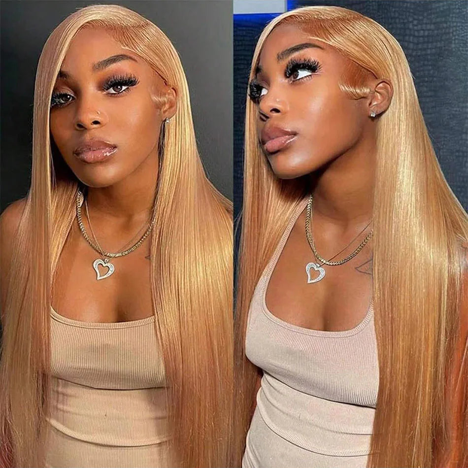200 Density 27 Honey Blonde HD Lace Frontal Human Hair Wig 13x4 HD Transparent 30 Inch Straight Hair Lace Front Wig Pre-Plucked Pre-Trimmed Lace Frontal Wig