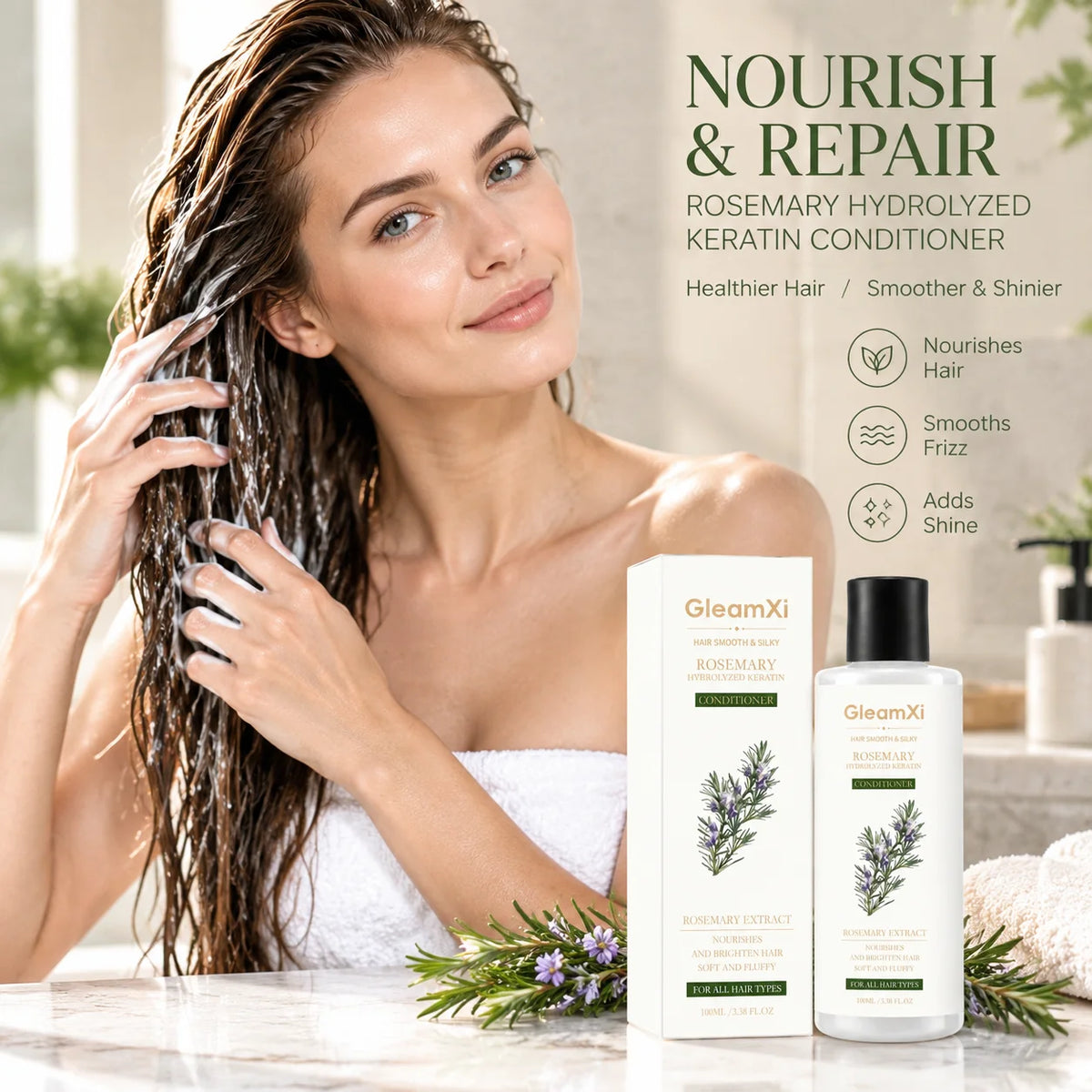 GleamXi Rosemary Hair Hydrolyzed Keratin Conditioner Anti Frizz Repair Split Ends Nourish Dry Damage Hair Smoothing Conditioner