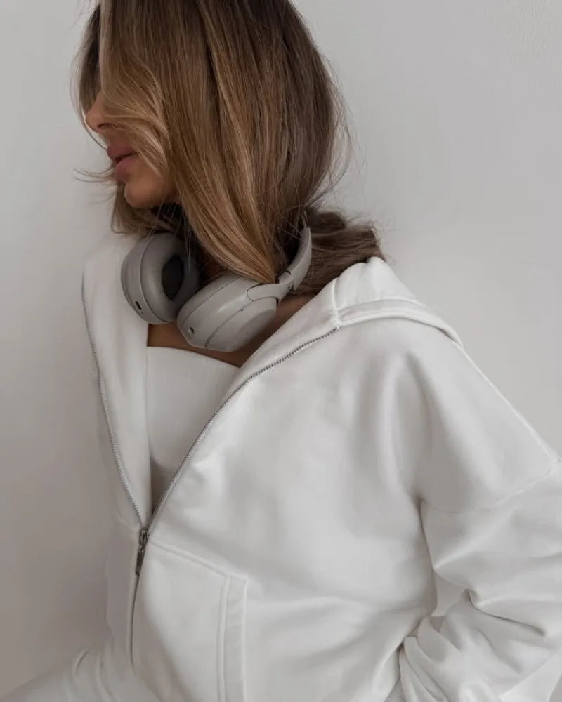 Women's Casual Suit Solid Color Long Sleeve Hooded Cardigan Pocket Sweater Elastic Pants Two-piece Set