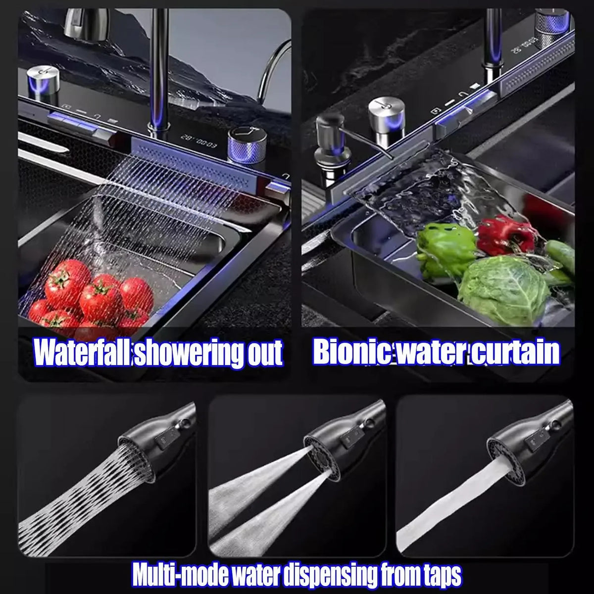 Kitchen sink double waterfall sink with LED display with cup washer, soap dispenser, waterfall mixer, worktop controller, etc. w
