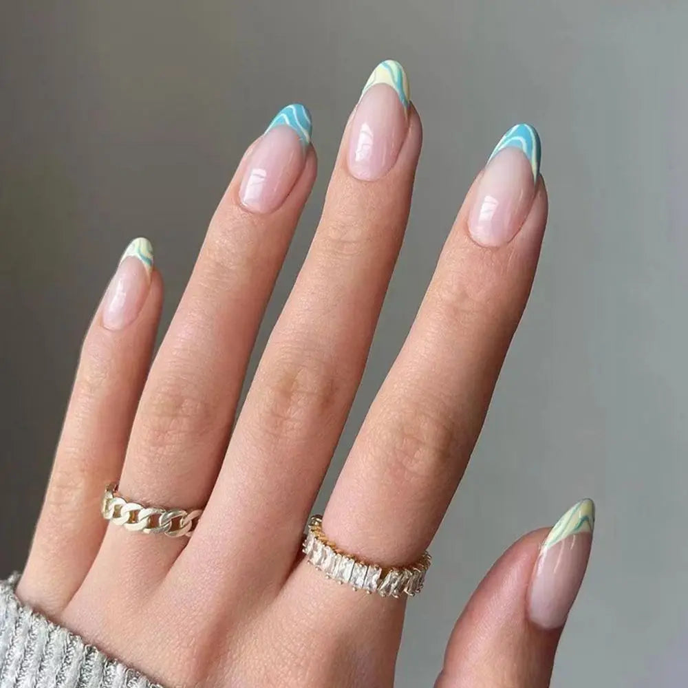 24Pcs/Set Blue Sky White Cloud Fake Nails Glue DIY Manicure Pattern Design False Nail French Stiletto Full Cover Nail Art Tools