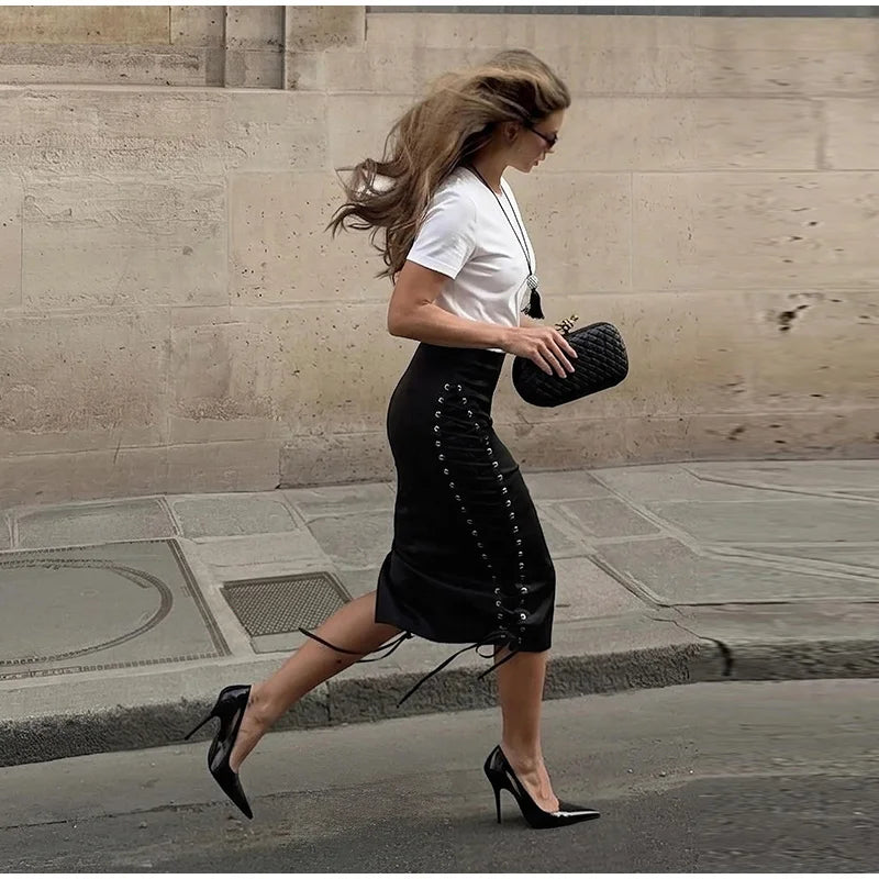 Women's Midi Skirt High Waist Side Lace‑Up Midi Skirt Bodycon Tie Adjust Hip Fitted Skirt City Date Going Out 2026 New For Women