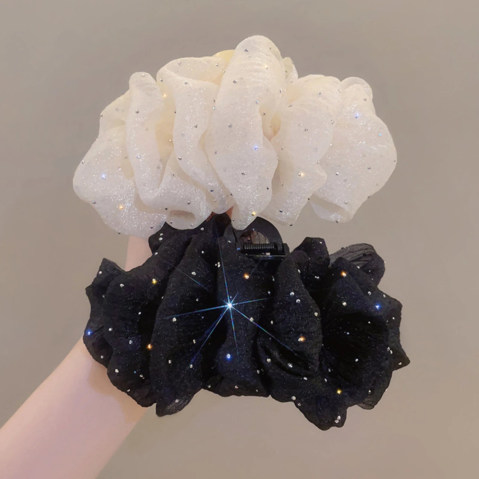 Glitter Rhinestones Hair Claw Clip Double Sided Mesh Bow Hair Clip Creative Large Shark Clip For Women Hair Styling Decorative