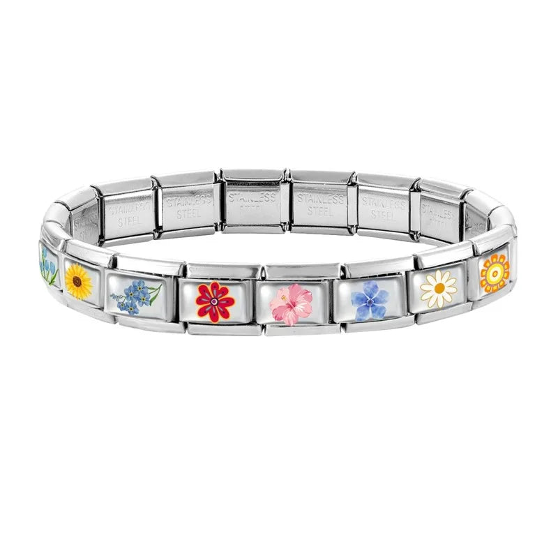 2025 Women's Fashion Colorful Flowers Sunflower Tulip Orchid Daisy Italian Charms Fit 9mm Stainless Steel Bracelet DIY Jewelry