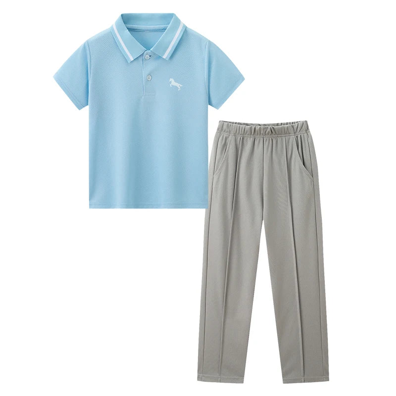 2-piece Summer Children's Casual Suit For Boys Cool Polo Short Sleeved Top Comfortable Solid Color Pocket Pants Trendy Clothing
