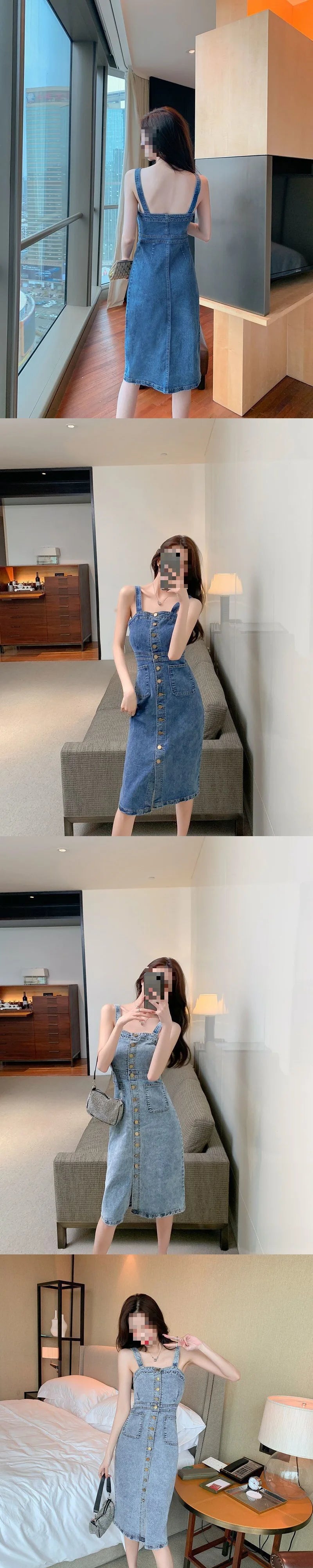 Denim Dress Sexy Style New Arrival Ins Strap Waist Single Breasted Stitching Female Bodycon Midi Dresses Female Vestidos