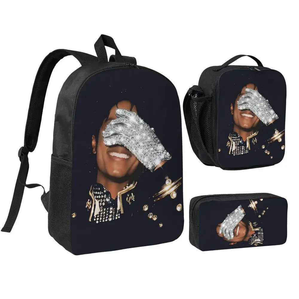 MJ Pop Legend Music 3pecs/set Backpack for Student Shoulder Bag Lunch bag Pencil Case