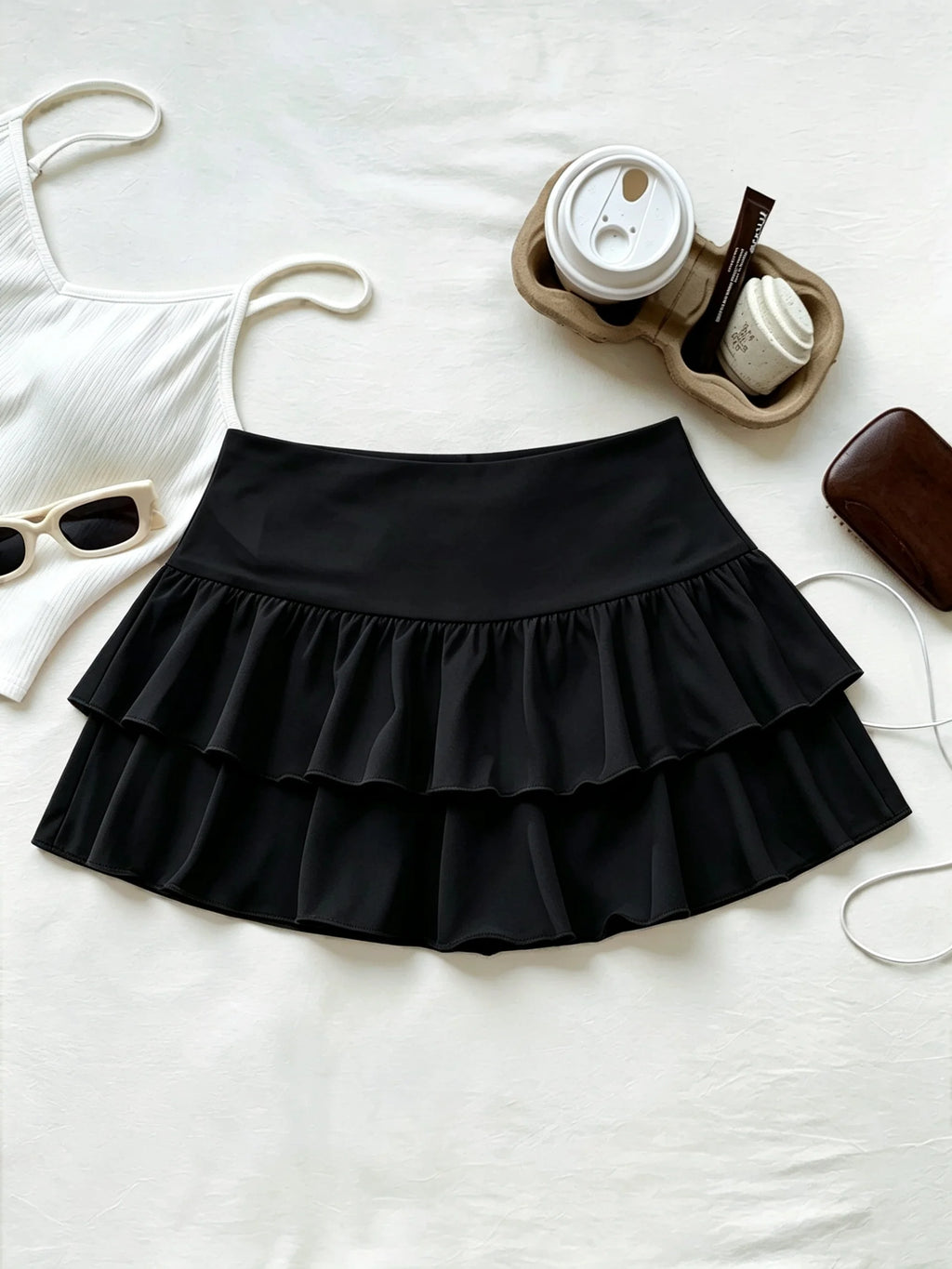 Women High Waist Ruffle Layered Mini Skirt Double Layer Tiered Short Skirt Y2K Sexy Sweet Casual Vacation Party Basic Skirt