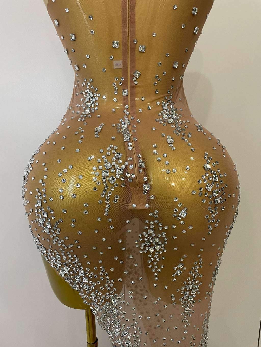 2025 New Sparkly Rhinestone V Neck Stretch Mesh Sexy See Through Dress Women Elegant Party Celebrate Perform Costume Stage Outfi