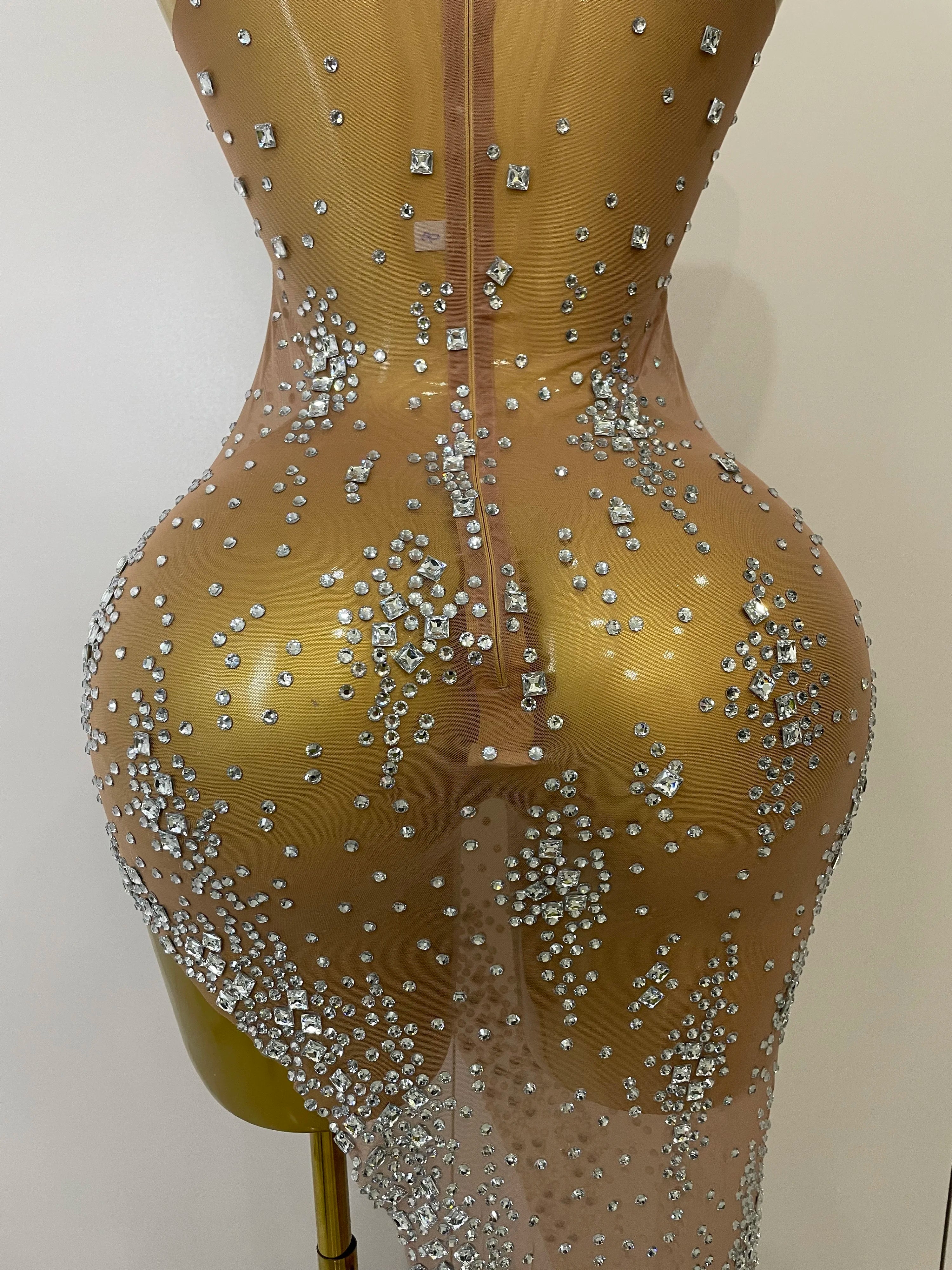 2025 New Sparkly Rhinestone V Neck Stretch Mesh Sexy See Through Dress Women Elegant Party Celebrate Perform Costume Stage Outfi
