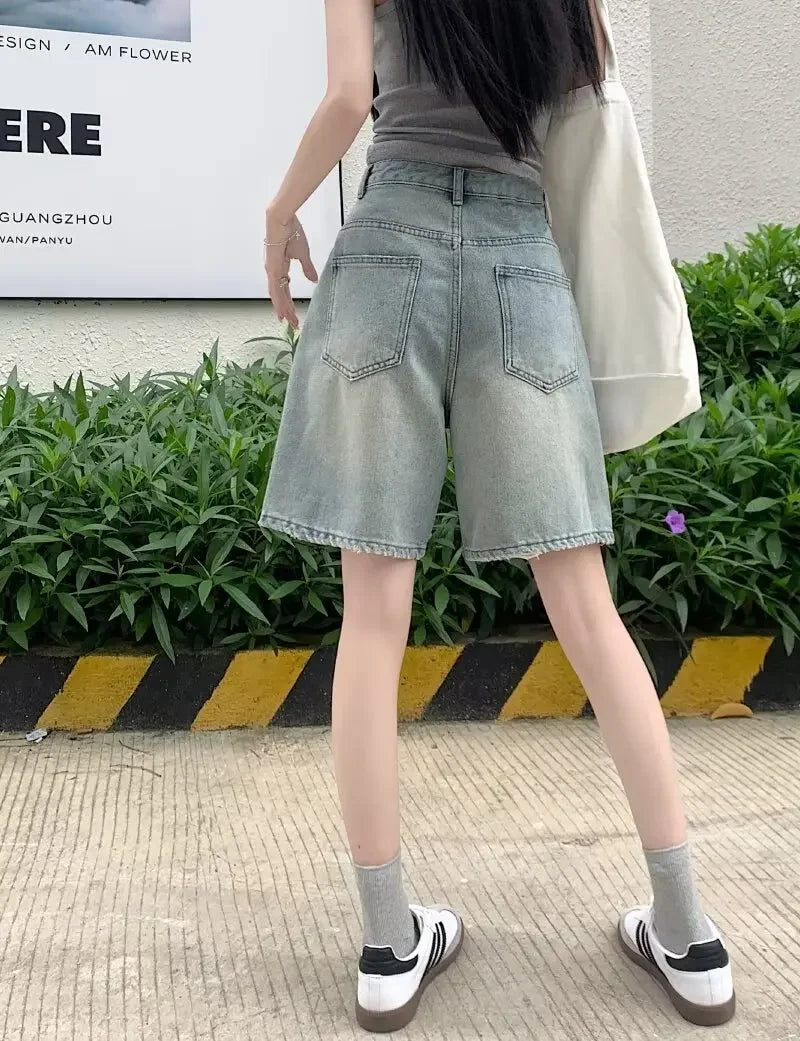 Summer High Waist Retro Jean Shorts for Women Loose Straight Denim Fashion Versatile Leisure Shorts Women's 2026