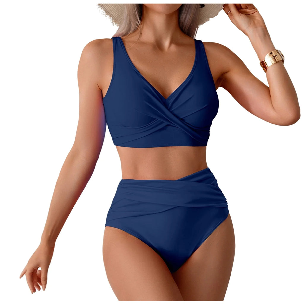 Women Sexy Bikini Summer Twist Front Ruched High Waisted Two Piece Beach Slimming Vacation Swimwear Bathing Suit
