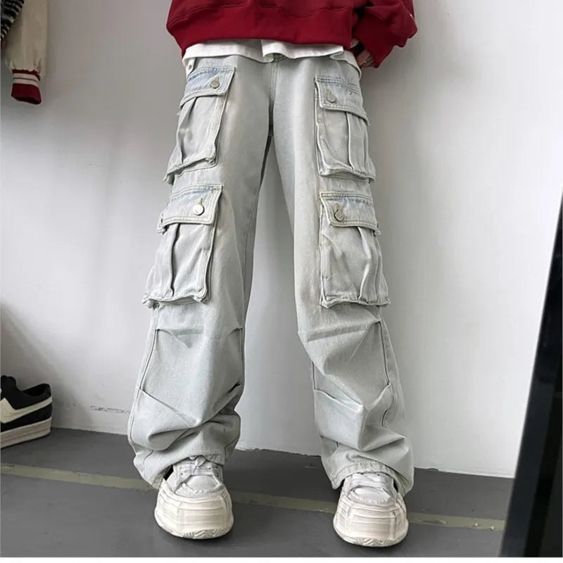 Cargo Jeans Men's Multiple pockets Patchwork Straight Casual Trousers Men Baggy Hip Hop Streetwear Loose Fashion denim Pants