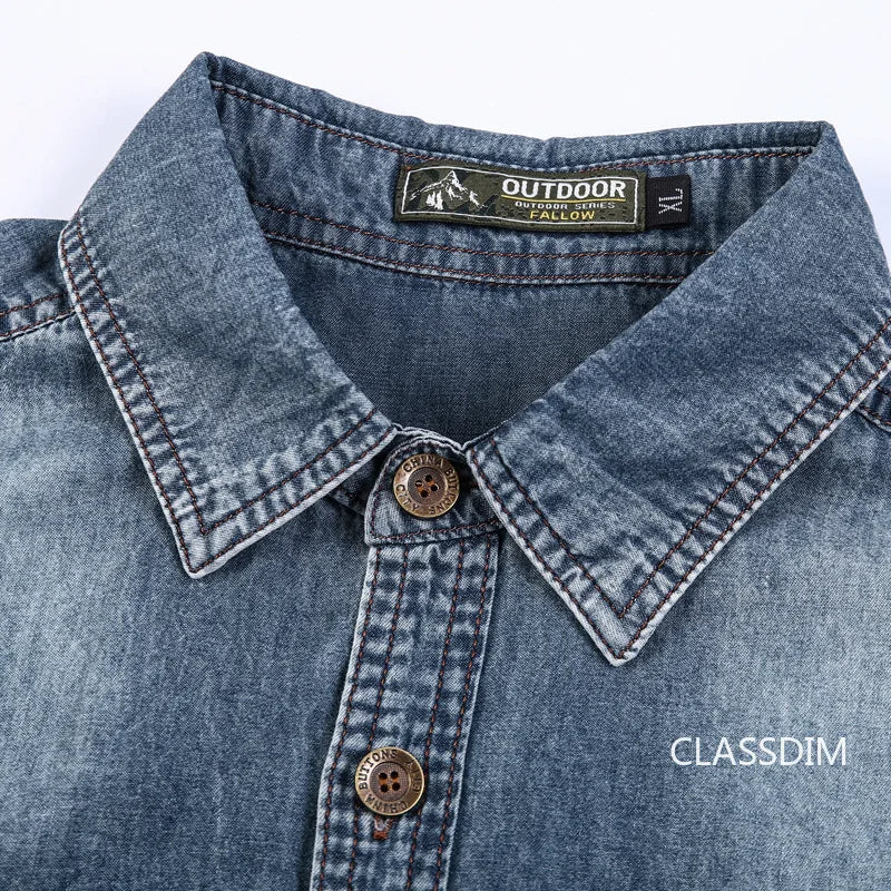Men Short Sleeve Denim Shirts Multi pockets Tooling Shirts New Summer Blue Jeans Shirts High Quality Men Cotton Casual Shirts 3