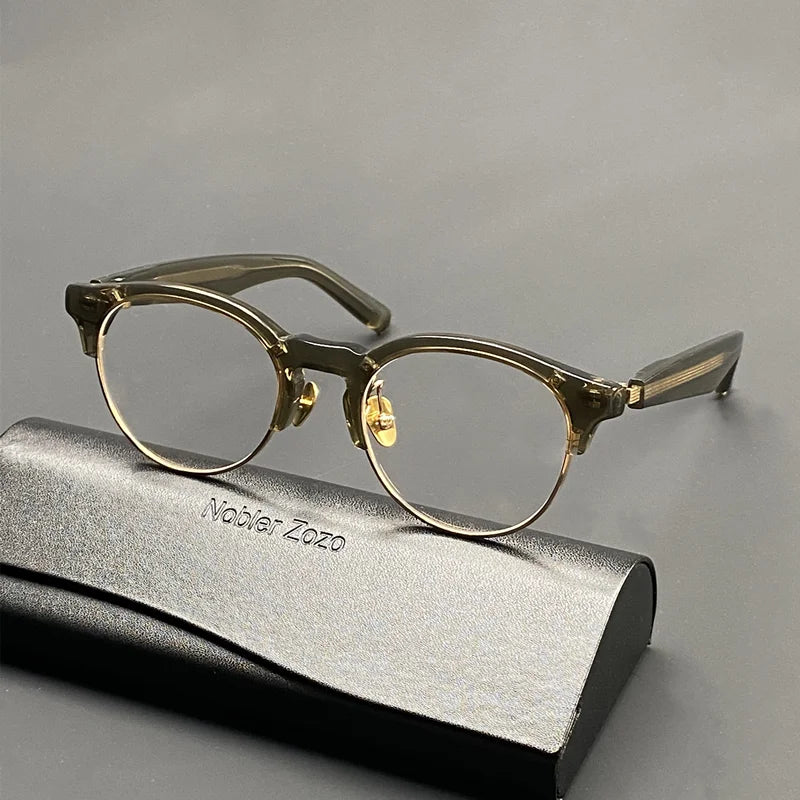 High quality acetate half frame glasses Men's round myopia prescription glasses spring legs pure titanium optical glasses frame