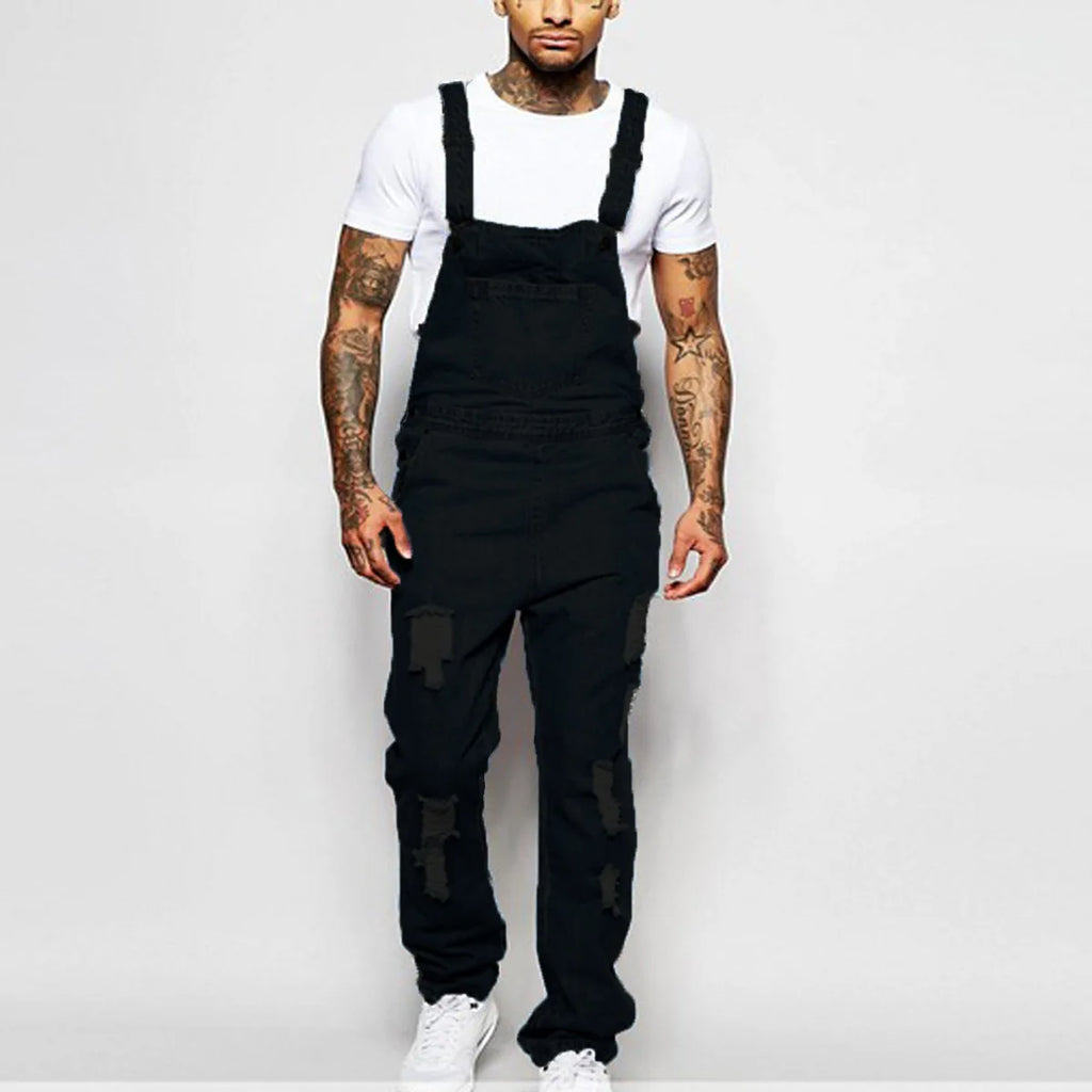 2026 Men's Ripped Denim Overalls Fashion Full Length Suspender Pants Man Jeans High Street Jumpsuit Distressed Casual Trousers
