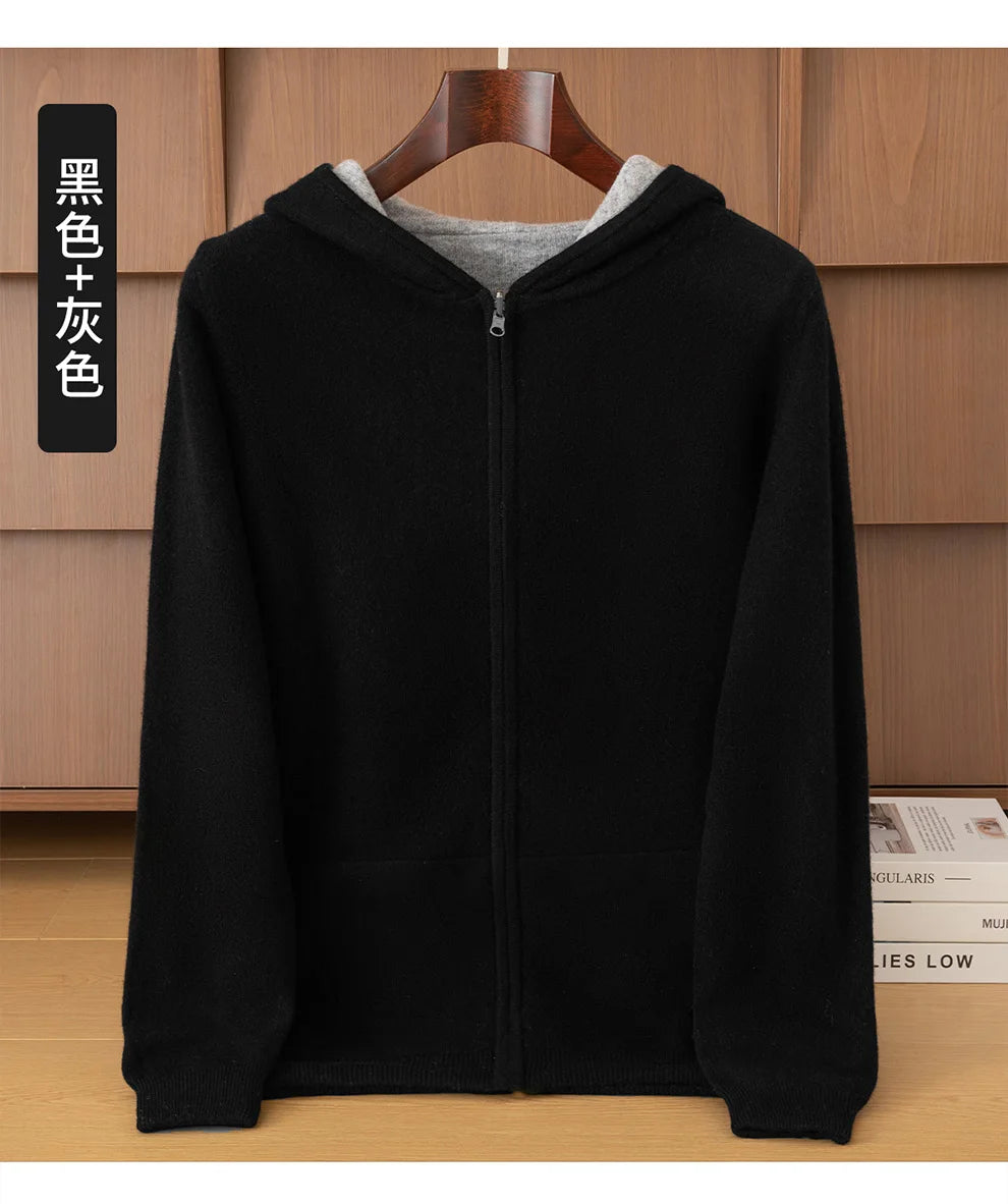 Double-Sided Cashmere Hooded Cardigan For Men Autumn And Winter Wearing Sweater Thickened Pure Wool Knitted Loose Zipper Coat