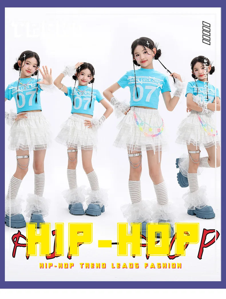 Kid Cute Hip Hop Clothing BLue Crop T Shirt Sleeves White Layered Lace Pleated Mini Skirt for Girls Jazz Dance Costume Clothes