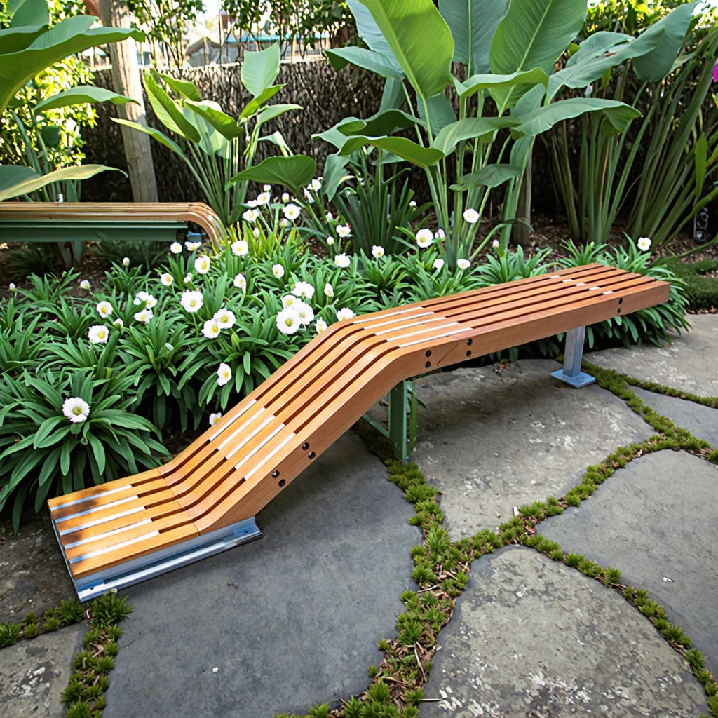 Designer Outdoor Bench with Galvanized Steel Frame Park Garden Public Seating  Landscape Projects Bench Park Street Furniture