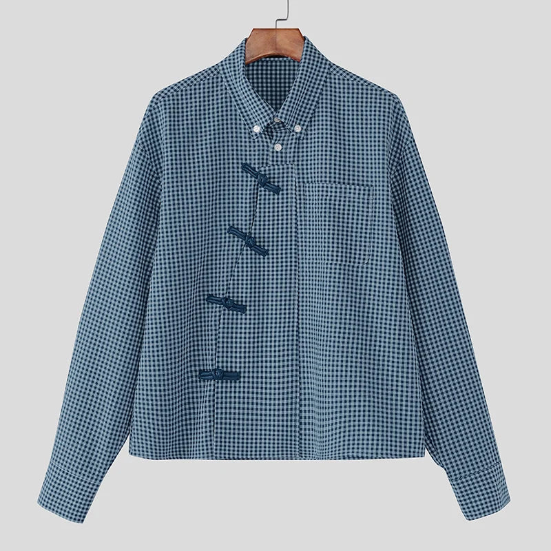INCERUN Men Plaid Shirt Lapel Long Sleeve Patchwork Loose Men Clothing Streetwear 2026 Spring Fashion Casual Tops Male Shirts