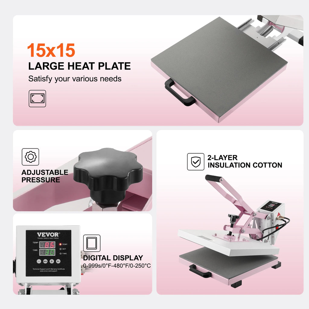 SucceBuy Heat Press 15 x 15 in Heat Press Machine Slide Out Heat Transfer Machine Fast Even Heating 2-Layer Insulation Cotton