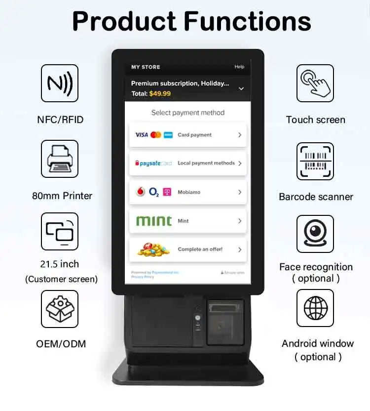 Restaurant Pos System All in One Touch Screen Wall Mounted Self Service Ordering Payment Kiosk