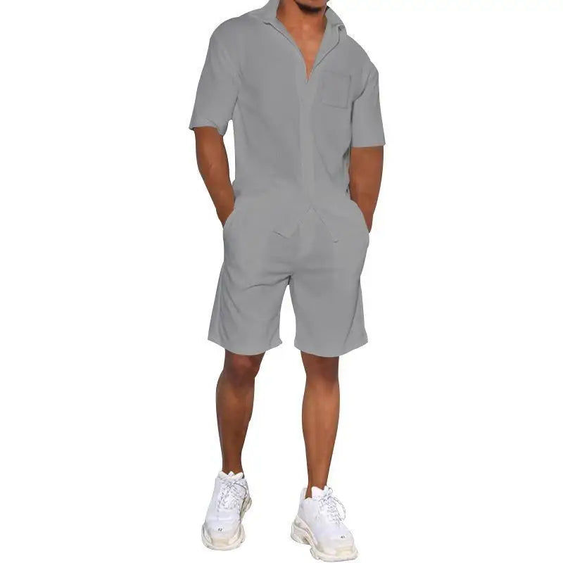 2026 Men's Summer Solid Casual Sets Comfy Cotton Linen Short Sleeve Lapel Shirt and Shorts Two Piece Sets Men Loose Sport Outfit