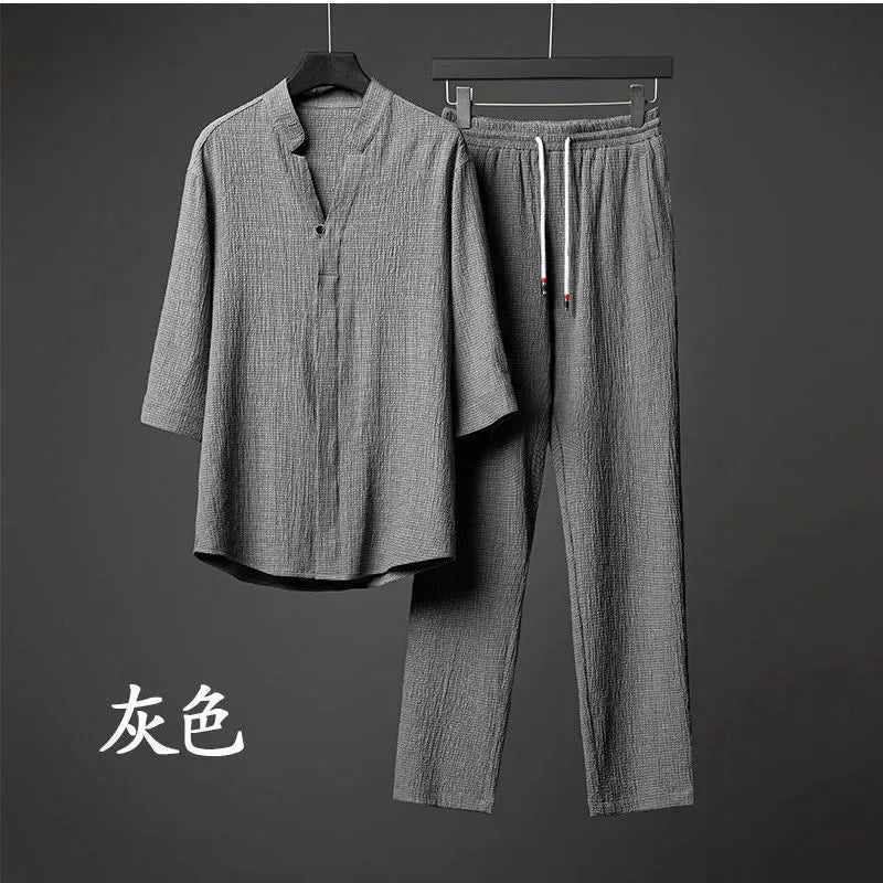 2026 Men's Two Piece Pant Sets Spring Summer Short Sleeve Shirt And Pants Outfits For Men Solid Cotton Linen Clothing Sets Male
