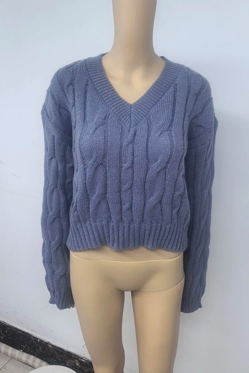 Vintage Twist Cropped Sweater Pullover Women Autumn Winter Loose V-Neck Knitted Jumper Lazy Style Classic Long Sleeve Knitwear