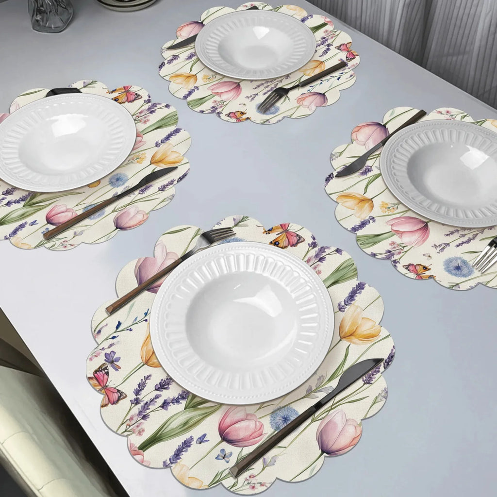 VIKAMA 4pcs Spring Floral Round Placemats Tulip And Lavender Print Placemats Home Dining Table Decor Coffee Coasters