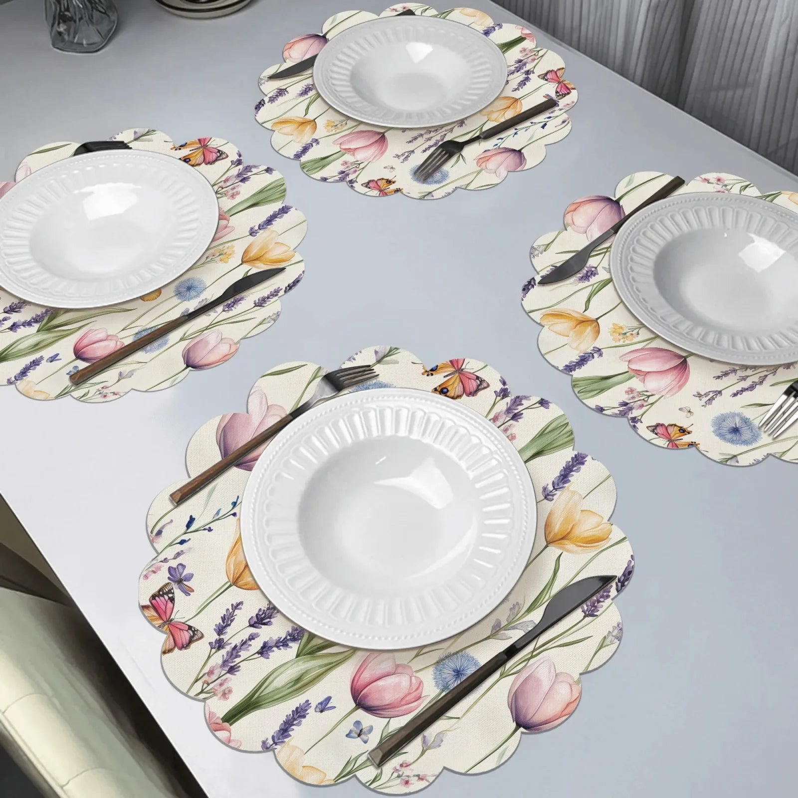 VIKAMA 4pcs Spring Floral Round Placemats Tulip And Lavender Print Placemats Home Dining Table Decor Coffee Coasters