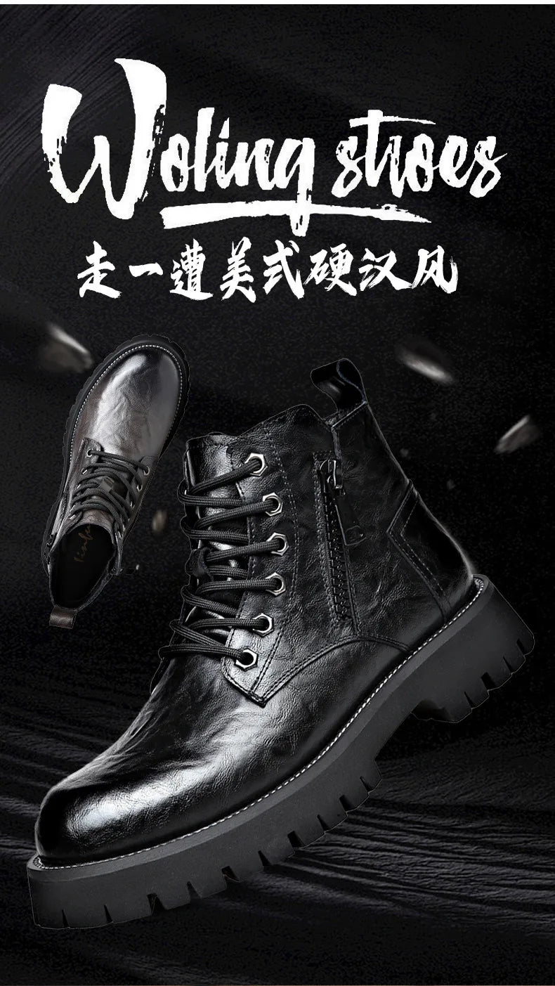 2025 autumn and winter boots men's British style versatile high top leather shoes workwear snow leather boots men's short boots