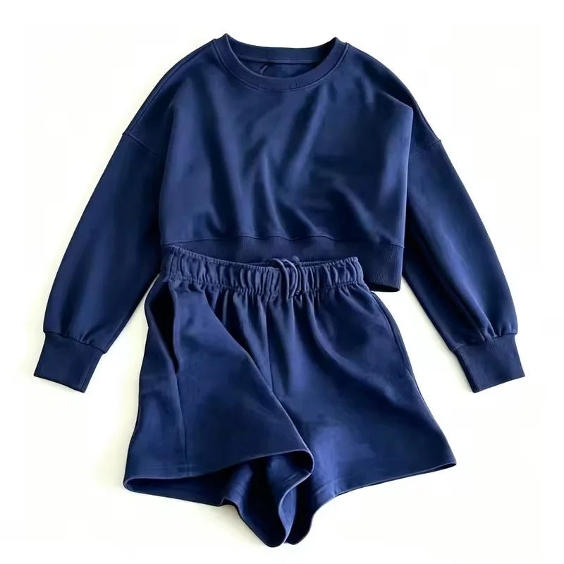 spring autumn Womens Round neck long sleeve Sweatshirt Two Piece Set Casual Sweatshirt+shorts Womens suit Daily Womens Tracksuit