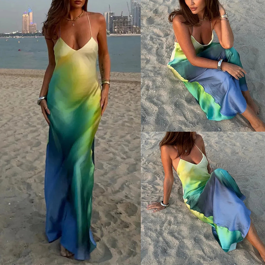 Women's Summer Cami Long Dress Gradient Color Spaghetti Strap V-Neck Backless Beach Party Dress Sundress Beachwear
