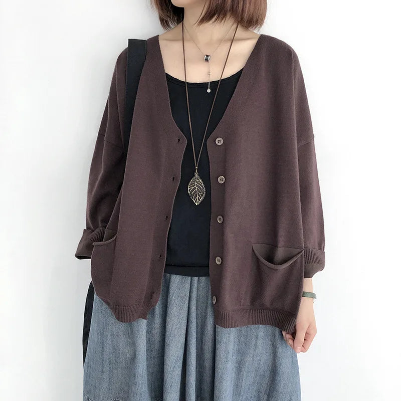 Johnature Women Cardigan Sweaters Solid Color Loose V-Neck Long Sleeve Coats 2025 Autumn New Button Pockets Female Sweaters