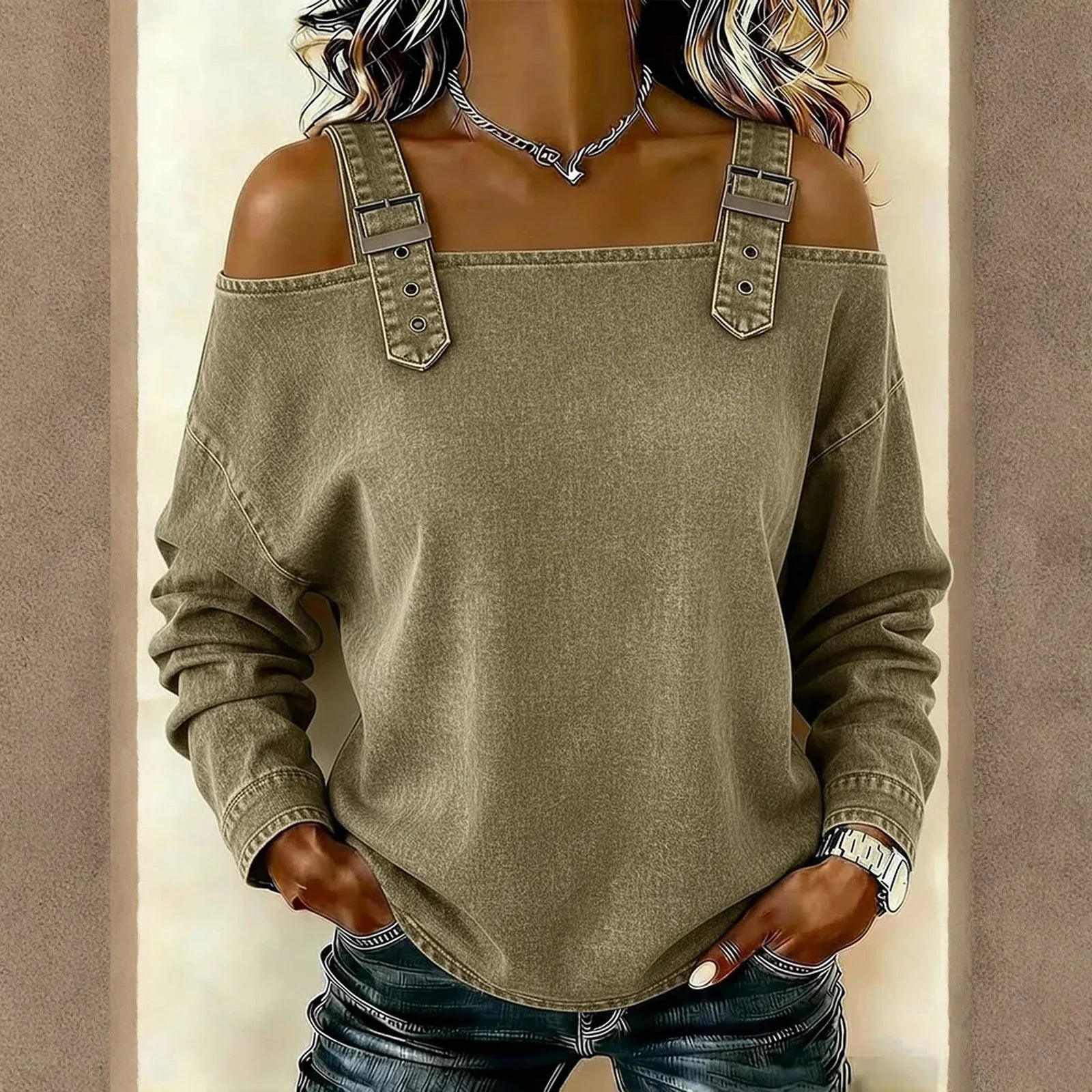Women's Denim Top, Stylish Off-the-shoulder Long-sleeved Top with Shoulder Straps, Elegant and Versatile Denim Shirt, Streetwea